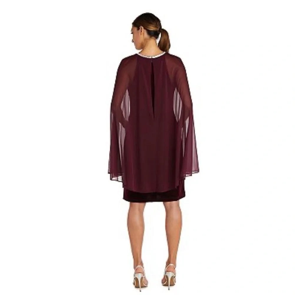 NWT R&M Richards Size 8 Plum Purple Rhinestone Cape Sleeve Sheath Dress Chiffon - Picture 3 of 15